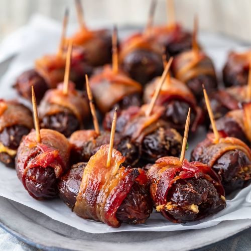 Bacon Wrapped Dates with Goat Cheese and Pecans - Complete Comfort Foods